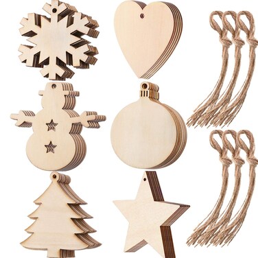 Tatuo 60 Pieces Wooden Cutouts Christmas Wood Ornaments, Star, Christmas Tree, Snowflake, Snowman Christmas Wooden Hanging Ornaments with 60 Pieces Ropes for Embellishments, Wedding, DIY Craft