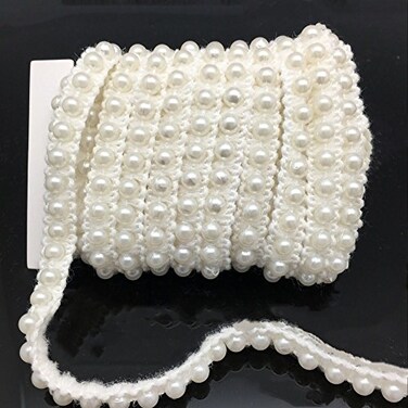 FQTANJU 5 Yards Faux Pearls Lace Ribbon Applique Pearl Fringe for Wedding Party Decoration, Home Deco, Lamp Shade, Costume, Lvory.