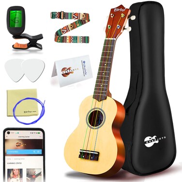 Everjoys Soprano Ukulele Beginner Pack-21 Inch w/Rainbow String Free Online Lesson Gig Bag Fast Learn Songbook Digital Tuner Pick All in One Kit