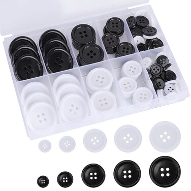 100 Pcs Premium Mixed Resin Sewing Buttons, kidoom Eco-Friendly 4-Hole Craft Buttons, 5 Sizes of Black Buttons Suitable for Sewing, DIY and Holiday Decoration(Black &amp; White)