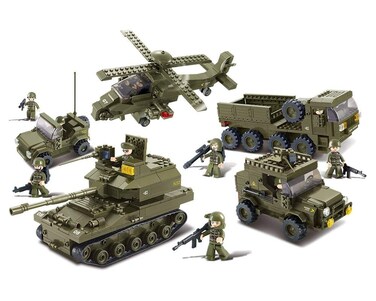 Sluban M38-B0208 Blocks Army Bricks Toy Hind Helicopter, T-90 Main Battle Tank, Army Personnel Carriers, Army Je-ep, Prowl Car,1 Set, 25.2"x3.5"x18.7", Green