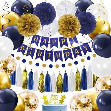 YGYXMY Birthday Decorations for Men Boys   Navy Blue Gold White Happy Birthday Party Decorations Kit   Banner, Balloons, Tissue Pompoms, Swirls, Tassels Garland