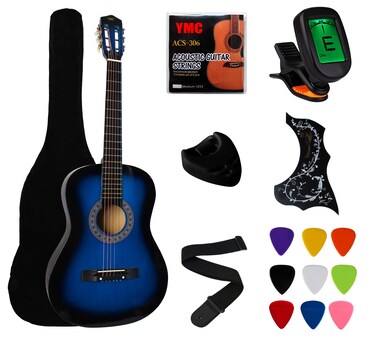 YMC 38" Blue Beginner Acoustic Guitar Starter Package Student Guitar with Gig Bag,Strap, 3 thickness 9 Picks,2 Pickguards,Pick Holder, Extra Strings, Electronic Tuner -Blue