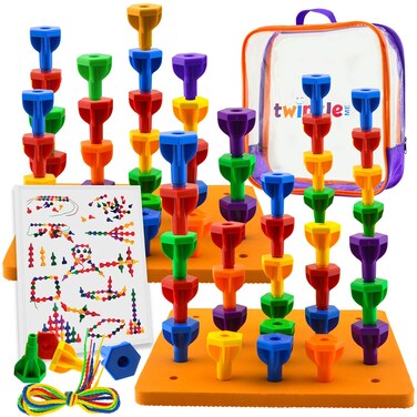 Pegs Board Game Set Jumbo Pack   48 Pegs + 2 Boards &amp; Storage Bag W/Handle Easy to Carry. for Motor Skills Sorting Counting Color Recognition Occupational Therapy Toddler and Preschool by Twinkle me