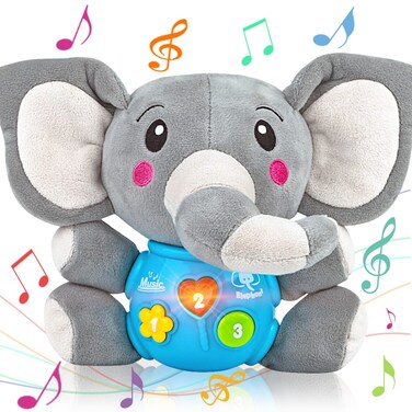 Aitbay Plush Elephant Music Baby Toys 0 3 6 9 12 Months, Cute Stuffed Aminal Light Up Baby Toys Newborn Baby Musical Toys for Infant Babies Boys &amp; Girls Toddlers 0 to 36 Months (Gray)