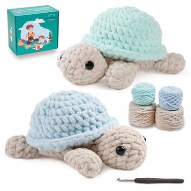 Eelexa Crochet Kit for Beginners, Amigurumi Crocheting Animal Kits, with Step-by-Step Video Tutorials for Kids Adults Beginner - 2 Pack Turtles