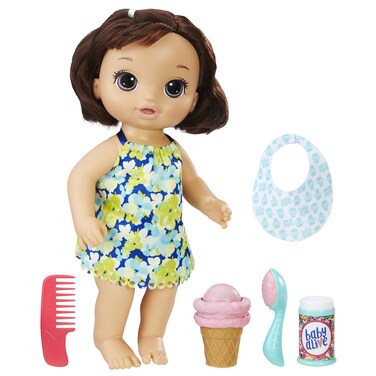 Baby Alive C1089 Magical Scoops Baby: Brunette Baby Doll with Dress and Accessories: Ice Cream Cone, Scooper, Comb and More, Perfect Toy for 3-Year-Old Girls and Boys and Up, Small