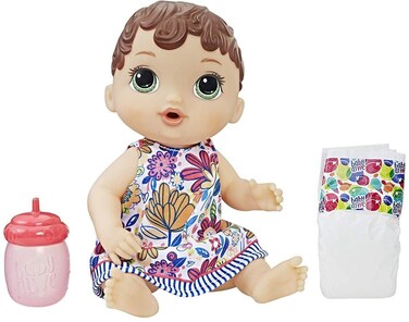 Baby Alive Lil' Sips Baby Brown Hair Doll That Drinks &amp; Wets, with Diaper &amp; Bottle, for Kids Ages 3 Years Old &amp; Up