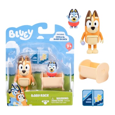 Bluey Figure 2-Pack Baby Race   2 Figure Pack with Chilli and Baby with Cradle Accessory