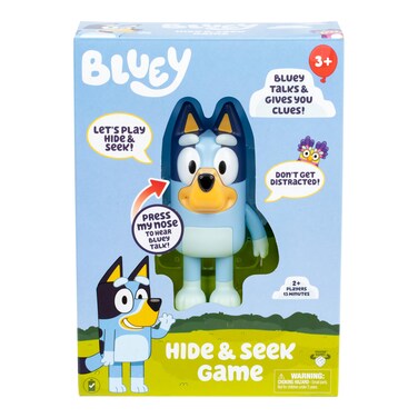 Bluey Hide &amp; Seek Game, Hide The Figure and Press her Nose to Start The Built-in Timer, Talks and Giggles to Help Kids find her, When Found, Kids can Dance to Theme Song
