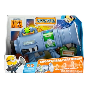 Minions Despicable Me 4 - The Ultimate Fart Blaster   Blasts Out Real Fart Rings of Fog   Plays 15 Different Fart Sounds   Lights Up and Emits Smells   It Includes 2 Different Scented Fart Formulas