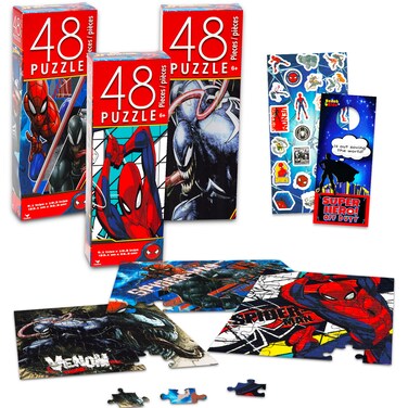 Marvel Spiderman Jigsaw Puzzle for Kids Bundle Spiderman Activity Set - 3 Pack Spiderman Jigsaw Puzzles 48 Piece Each with Spiderman Stickers (Spiderman Toys for Boys)