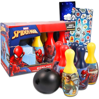 Marvel Spiderman Bowling Games Activities Bundle for Toddlers, Kids - 3 Pc Superhero Bowling Set with Stickers, and More (Spiderman Playset)