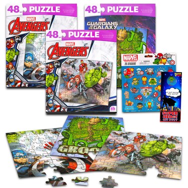 Marvel Heroes Premier Puzzles - Bundle with 3 Assorted 48 Piece Avengers Puzzles Plus Avengers Stickers and More (Superhero Puzzles)