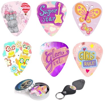 Kids Guitar Picks For Girls Pink Butterfly Christmas Gift Cool 12 Medium Celluloid Picks W/FREE BONUS Sleek Tin Box &amp; Pick Holder. Gift for Girls Kids Teens Daughter Granddaughter