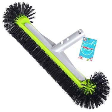 Swimming Pool Brush Head with Round Ends,17.5" Heavy Duty Aluminum Back Head for Cleans Walls, Tiles &amp; Floors, 7 Rows Premium Nylon Bristles with EZ Clips (Green Black)