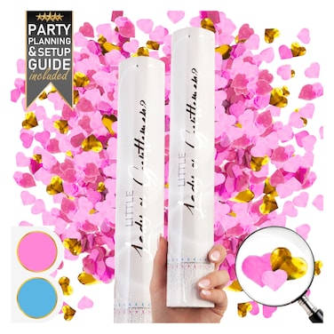 PrimePure Gender Reveal Confetti Cannon - Heart Shaped Confetti Poppers - Pink 2 Pack - Baby Girl Gender Reveal Party Poppers Party Cannon