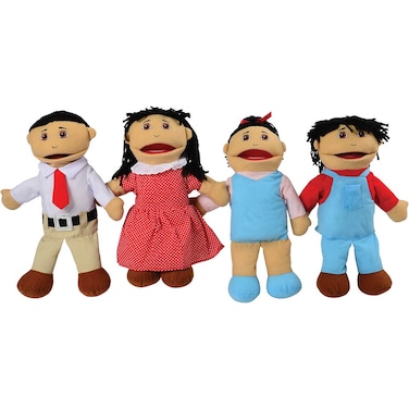 Constructive Playthings Asian Family Full Bodied Puppet Set of 15" H. Mother and Father &amp; 13" Sister and Brother for Ages 19 Months and Up