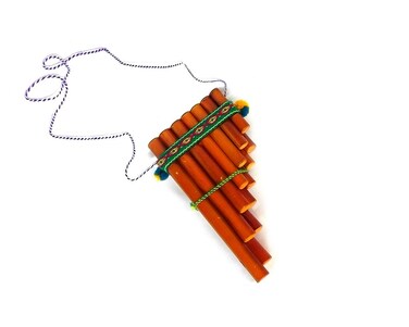 Natural Bamboo Wooden Pan Flute Pipe with Multicolored Tribal Print Woven Cotton Strap - Handmade Woodwind Gifts Peruvian Musical Instrument (Small)