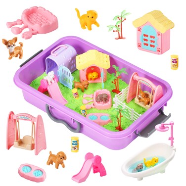 Carolart Pet Sensory bin,Dog and Cat Sandbox for Kids,Kids Play Sand Kit,Pet Play Set with Sensory Sand,Pet Care Play Set,Role Pretend Play Beach Toy Birthday Gift for Girls Boys 3 4 5 6 Years Old