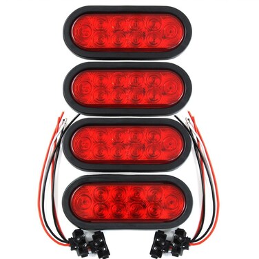 ROULERUS seller-ADarkeningMask$$$ (4) Trailer Truck LED Sealed RED 6" Oval Stop/Turn/Tail Light Marine Waterproof Including 3-pin water tight plug DOT/SAE with wires and Grommet