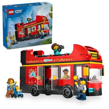 LEGO City Red Double-Decker Sightseeing Bus Toy Vehicle Set, Birthday Gift for 7 Year Olds, London Bus, for Kids, Double-Decker Bus Toy, 5 Characters Including a Baby and Stroller, 60407