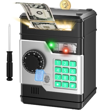 NAFEIV Piggy Bank, Automatic Electronic Piggy Bank for Kids Boys Girls with Password and Fingerprint Unlocking Simulation, Money Bank Kids Safe Toys for 3 4 5 6 7 8 9 10 Year Old Boy Girl (Black)