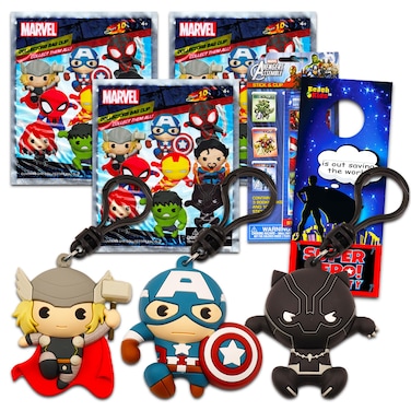 Marvel Blind Bags Party Favors 3 Pack - Bundle with 3 Avengers Keychain Mystery Figures Plus Stickers, More   Marvel Avengers Bag Clips for Kids