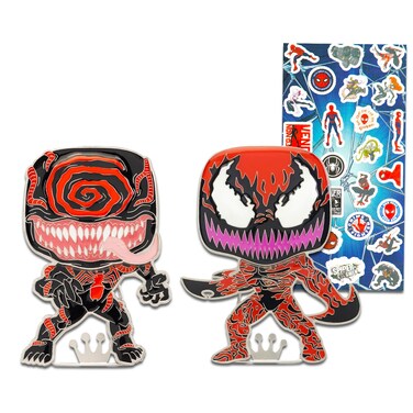 Venom Funko Pop Pins Party Favors Set - Bundle with 2 Venom Collectible Pins for Kids, Teens Plus Stickers   Marvel Venom Figurine Pins (4")
