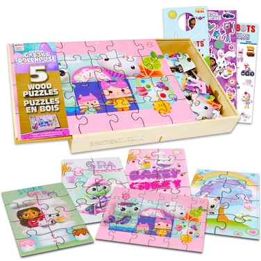 Gabby's Dollhouse Wood Puzzle Set - Bundle with 5 Gabby's Dollhouse Wooden Puzzles, Stickers, More   Gabby's Dollhouse Toys for Girls