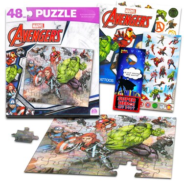 Marvel Heroes Puzzle Set - Avengers Superhero Activity Bundle with 1 Marvel Puzzle, Tattoos, Stickers, More   Puzzle for Kids Ages 4-8