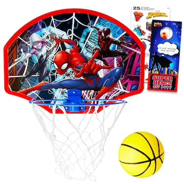 Spiderman Activity Set - Spiderman Toys Bundle with Spiderman Basketball Goal, Spiderman Stickers, and Superhero Door Hanger   Spiderman Basketball Hoop