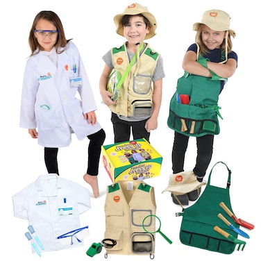 Born Toys Kids Costumes Set, 3-in-1 Dress Up &amp; Pretend Play, Ages 3-7, Washable, Includes Scientist, Explorer, Gardening Accessories