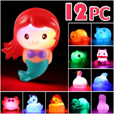 Laxdacee No Hole Bath Toy, 12 Pack Light up Animal, Flashing Color Tub Toys for Toddler Swimming Pool Party Bathtub Bathroom Shower Game, Bathtub Floating Water Toy for Infant Kid Toddler Boy Girl