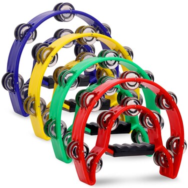 CEE 4 Pack 10 Double Row Tambourine, Half Moon Musical Tambourine 20 Metal Jingles Hand Held Percussion Drum, Panderos Para Adultos, Plastic Tambourines for Adults, Church, KTV, Party, Multicolored
