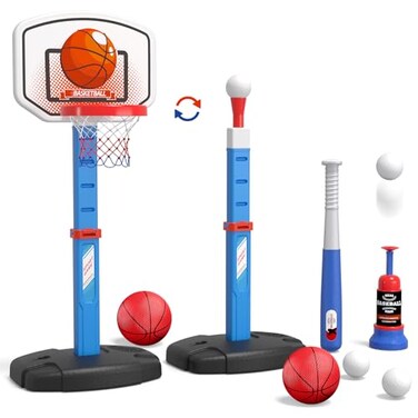 HYES 3 in 1 Toddler Basketball Hoop and T Ball Set, Kids Toys Boys 3-5, Adjustable Kids Basketball Hoop with Automatic Pitching Machine, Indoor Outdoor Sport Toys Gifts for Baby Boys Girls, Blue