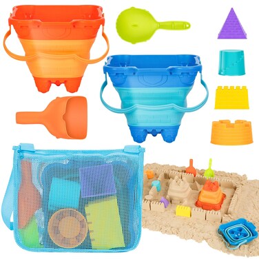 HUGCATY Beach Toys, Collapsible Sand Toys - 9pcs Sand Castle Building Kit: Foldable Sand Buckets, Shovels, Castle Molds &amp; Packable Mesh Bag - Sandbox Toys for Toddlers, Kids Ages 3-12, Beach Travel