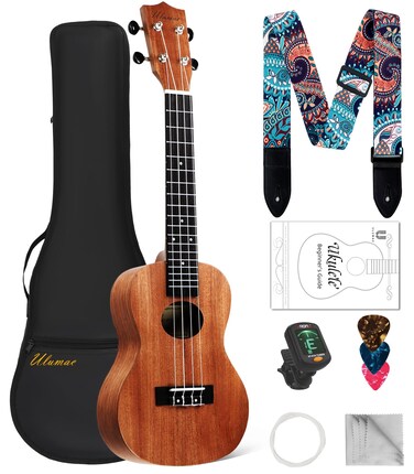 Ulumac Concert Ukulele, Solid Mahogany 23inch Ukelele for Adults Kids Beginner with Gig Bag, Digital Tuner, Replacing Strings, 3 Guitar Picks, Strap, Cloth