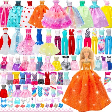 Style Shine 56 Pcs Doll Clothes and Accessories,2 Wedding Gowns 2 Evening Dresses 6 Fashion Dresses 4 Set Casual Outfit Top and Pant 2 Swimsuit,20 Hanger 10 Shoe 10 Accessories Toys for Girls Kid Gift