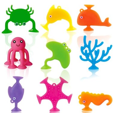 Suction Bath Toys for Kids, 9 PCS Silicone Ocean Animal Suction Cup Toys, Mold Free No Hole Bathtub Toy, Sensory Window Building Toy Gifts for Toddler Children Kids Over 1 Years