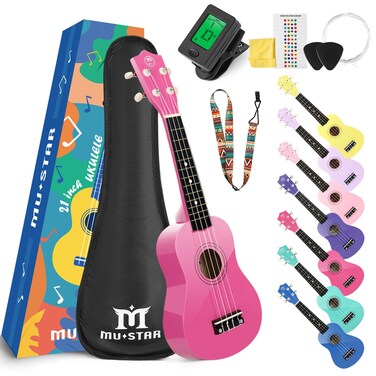 MUSTAR Soprano Ukulele Kids Ukulele for Beginners - 21 Inch Small Guitar Ukulele for Kids Adults, Beginner Ukuleles Kit With Gig Bag, Digital Tuner, Strap, Picks, Basswood Pink Ukulele Set