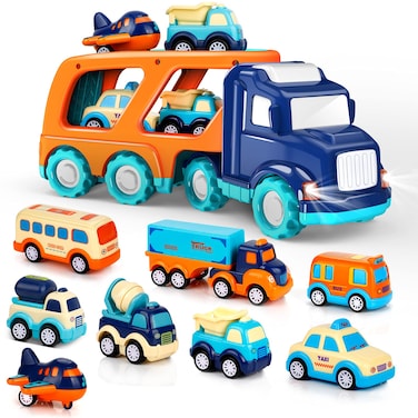 9 Pack Cars Toys for 2 3 4 5 Years Old Toddlers Boys &amp; Girls Gift, Big Transport Truck with 8 Small Cute Pull Back Trucks, Carrier Truck with Sound &amp; Light 13.5 * 5.5 inch, 2.5 *1.6 inch
