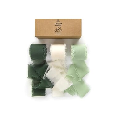 Vitalizart Handmade Chiffon Silk Ribbon Fringe Green &amp; Cream 1.5" x 21 Yd Frayed Edges Ribbons for Wedding Invitations Bridal Bouquets Gifts Wrapping Crafts Holiday Party Decorations