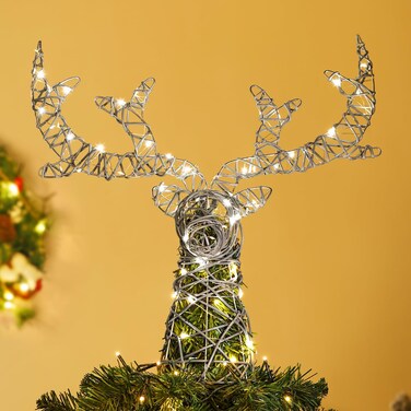 Lewondr Christmas Tree Topper, Metal Frame Deer Tree Topper with 50 Warm Light Beads, Remote &amp; USB Operated Tree Topper with Lights 6H Timer, Xmas Tree Decor for Holiday Home Decoration, Silver