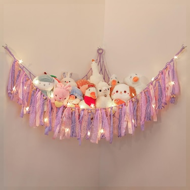 Lewondr Stuffed Animal Hammock, Dense Stuffed Animal Net or Hammock with Transitional Fringes, DIY Ribbons Great Decor Stuffed Animal Storage, 138'' Star Light String, 39'' x 39'' x 59, Purple