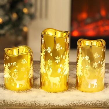 Lewondr Christmas Flickering Flameless Candles, 3 Pack Battery Powered Led Pillar Candles with Deer, Snowflakes, Christmas Tree, Electric Fake Candles Christmas Decoration for Holiday Home Party