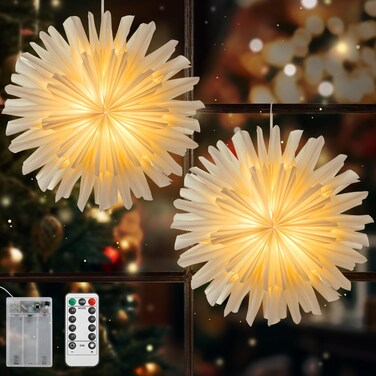 Lewondr Christmas Paper Star Lantern 2 Pack, Hanging Star Light with Remote Control, Led Paper Lanterns with Lights 6H Timer, Christmas Lantern Lights for Holiday Home Decoration