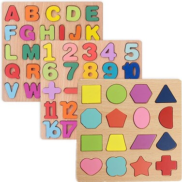 Wooden Puzzles for Toddlers, 3pack Alphabet Shape Puzzles for Kids 3 Wooden Montessori Toddler Puzzles Wooden Alphabet Number Shape Puzzles for Kids 3 Years Old Boys &amp; Girls