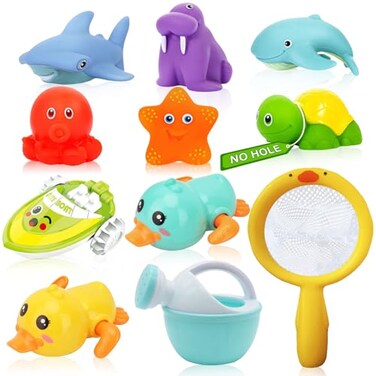 No Hole Bath Toys for Babies 0-6-12 Months+, Wind-up Swimming Ducks &amp; Boat Bath Toys for Kids Ages 1-3, Baby Pool Toys Fishing Net Water Toys Watering Can, Toddler Bath Toys for 1+ Year Old Boy Girl