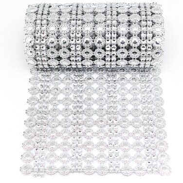 FQTANJU 4.5 Inch x 2 Yards Faux Crystal Rhinestone Mesh Ribbon Flower Shape Sparkling Diamond Mesh Wrap Roll for Wedding Party Decoration, Birthday,Baby Shower,Cakes, Arts Rhinestones Crafts,etc